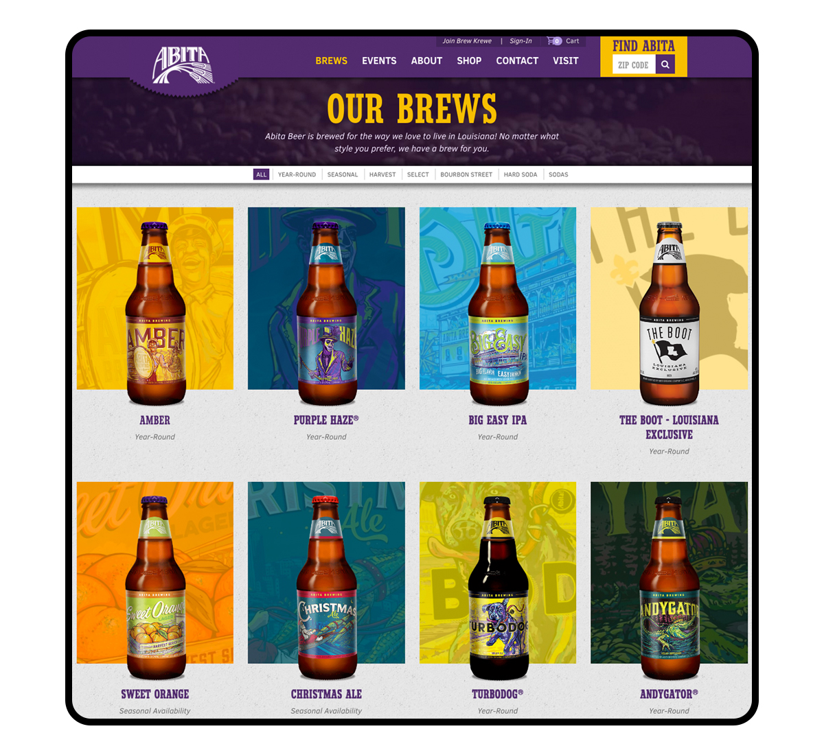 abita website screenshot with bottles in grid