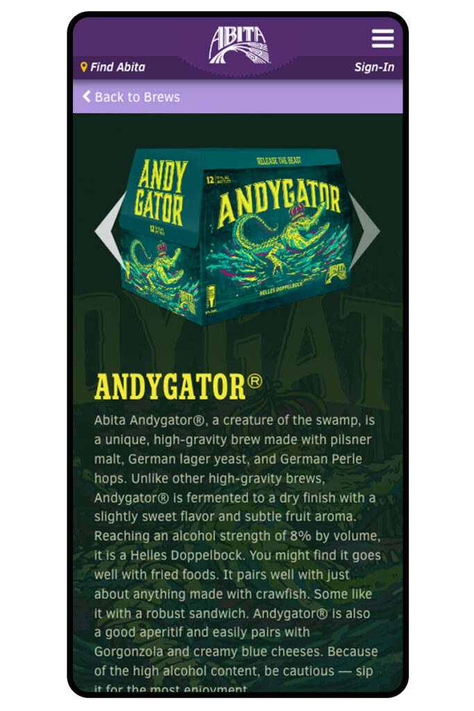 abita mobile website screenshot featuring andygator packaging